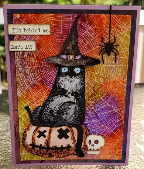 Crazy Cats Cards, Tim Holtz Dies, Tim Holtz Stamps, Scaredy Cat, Tim Holtz Cards, Halloween Cards Handmade, Halloween Tags, Halloween Card, Cat Halloween