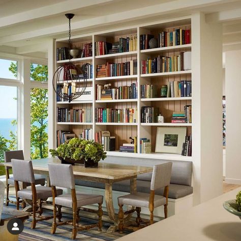 Dining Room With Bookshelves, Undining Room Ideas, Undining Room, Dining Room Library Combo, Dining Room Bookshelves, Library Dining Room, Small Kitchen Dining Room Combo, Small Living Room Dining Room Combo, Small Living Room Dining Room