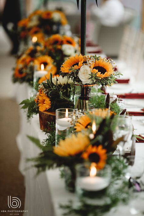 Sunflowers Wedding Centerpieces, Rustic Wedding Decor Autumn, Sunflowers White Roses, Sunflower Aesthetic Wedding, Fall Sunflower Weddings Wedding Table Decor, Sunflowers Table Decorations, Sunflower Table Decoration, Sunflower Autumn Wedding, Sunflower Centerpiece Wedding