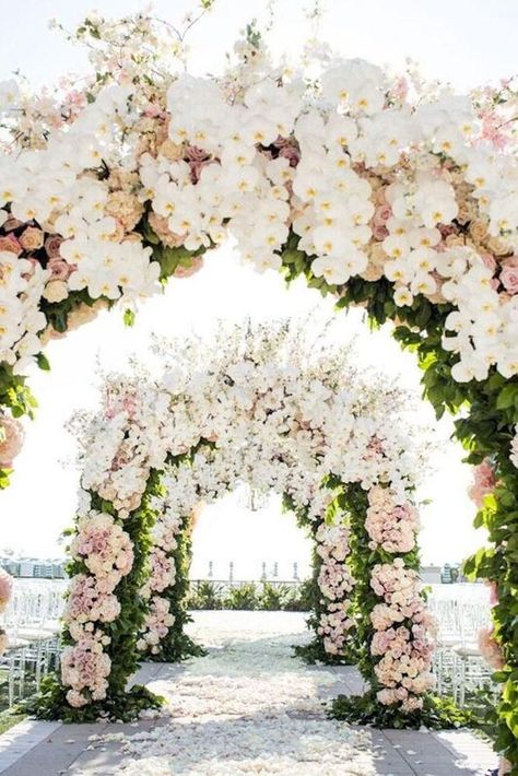 spring wedding decor aisle with flower orchid and roses arches greenery lin and jirsa studios Spring Wedding Decorations, Have Inspiration, Wedding Stage Decorations, Ceremony Arch, Salou, Floral Arch, Wedding Aisle, Outdoor Wedding Ceremony, Wedding Ceremony Decorations