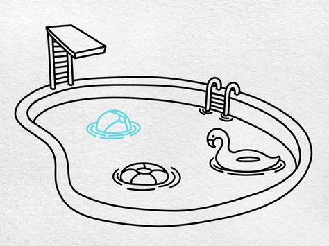 Draw a Swimming Pool - HelloArtsy Pool Drawing Simple, Swimming Pool Tattoo, Swimming Doodle, Swimming Sketch, Pool Sketch, Swimming Pool Drawing, Drawings For Cards, Swimming Drawing, Pool Tattoo