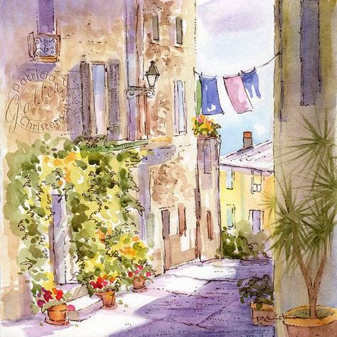 Provence Street Scene France Original Watercolor. Art ideas. Painted town. Painted street. Artist. Oil painting ideas. Oil painting. Oil paints. Painting. Town painting. Artwork. Art. Narrow street. Landscape. Town landscape. Painted town landscape. Town aesthetics. Oil paints. Painting. Town painting. Artwork. Art. Narrow street. Landscape. Town landscape. Painted town landscape. Town aesthetics. Watercolor Art Ideas, France Street, Flowers In Pots, France Landscape, Dynamic Painting, Travel Art Journal, Building Painting, Urban Sketch, Pintura Exterior