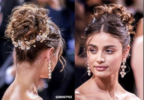 Fancy Hair And Makeup, Taylor Hill Met Gala 2022 Hair, Taylor Hill Met Gala 2022, Prom Updos Front View, Messy Bun Red Carpet, Updo Hairstyles With Accessories, Updo For Ball, Updo With Jewels, Low Curly Bun Wedding Hair Tutorial