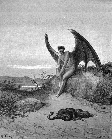 Satan Isn’t Hell’s Ruler, He’s Its First Prisoner Snake Engraving, Paradise Lost Book, John Milton Paradise Lost, Milton Paradise Lost, Angel Falls, The Fallen Angel, Art Noir, Paradise Lost, Gustave Dore