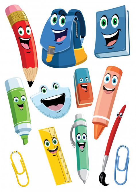 School supplies cartoon characters set Premium Vector School Supplies In Spanish, School Border, School Cake, School Cartoon, School Materials, School Clipart, School Posters, Kids Clipart, School Decorations