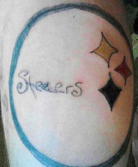 For the guy who wanted to show his team spirit. | 16 Tattoos That Are The Worst Of The Worst Steelers Tattoo Ideas, Steelers Tattoos, Worst Tattoos Ever, Ugly Tattoos, Awful Tattoos, Really Bad Tattoos, Tattoos Gone Wrong, Terrible Tattoos, Horrible Tattoos