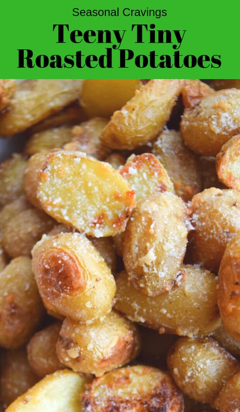 These Teeny Tiny Roasted Potatoes will become a family favorite. They are roasted to perfection and topped with salt and parmesan cheese!  #glutenfree #potatoes #sidedish #traderjoes via @lkkelly98 Small Gourmet Potatoes, Teeny Tiny Potatoes Recipes Air Fryer, Recipes Using Small Potatoes, Roasted Tiny Potatoes In Oven, Tiny Potatoes Recipes, Mini Gold Potatoes Recipes, Roasted Tiny Potatoes, Mini Potatoes In Oven, Petite Gold Potato Recipe