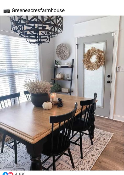 Black Dining Table With Wood Chairs, Black Kitchen Table Decor, Temple Interior, Cow Kitchen, Ranch House Decor, Home Dining Room, Dining Room Remodel, Western Home, Living Room Update