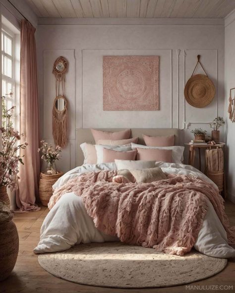 Here's a guide to incorporating dusty pink into your bedroom decor with 35 modern bedroom decor ideas to surprise you! #pinkbedroom #interior Ideas for: light pink bedrooms, grey and pink bedroom ideas, blue and pink bedroom, green and pink bedroom, pink bedroom aesthetic, white and pink bedroom, pink bedroom ideas, black and pink bedroom, girly pink bedroom, pink bedroom decor, sage green and pink bedroom, blush pink bedroom, dusty pink bedroom. Dusty Rose And Gold Bedroom, Pink Hygge Bedroom, Beige And Rose Gold Bedroom, Rose Bedding Aesthetic, Pink And Beige Room Aesthetic, Pink And Tan Bedroom Ideas, Pink Tan And White Bedroom, Pink And Natural Bedroom, Rose Colored Bedroom Ideas