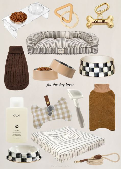 Curated Christmas gift ideas for dog lovers, featuring chic pet essentials like cozy sweaters, striped beds, designer bowls, and custom tags, perfect for the holidays. Aesthetic Puppy Accessories, Puppy Essentials Amazon, Dog Stuff Aesthetic, Chic Dog Accessories, Dog Supplies Aesthetic, Aesthetic Dog Products, Dog Essentials List, Big Dog Accessories, Amazon Dog Finds