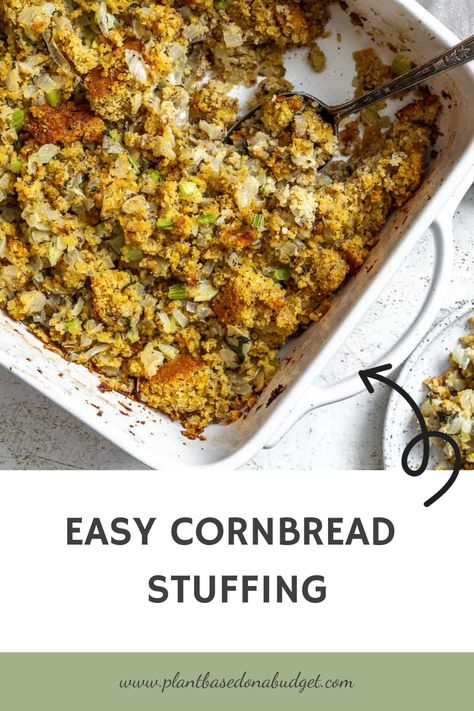 This homemade cornbread stuffing is delicious! It’s loaded with fresh herbs, sautéed aromatics, and ‘buttery’ broth! It’s moist with crispy edges, perfectly sweet & savory, and perfect for the holidays! Make this vegan cornbread stuffing for Thanksgiving this year! Vegan Cornbread Stuffing, Corn Bread Stuffing, Cornbread Stuffing, Cornbread Stuffing Recipes, Plant Based Dessert Recipes, Vegan Cornbread, Cornbread Easy, Plant Based Recipes Dinner, Vegan Christmas Recipes