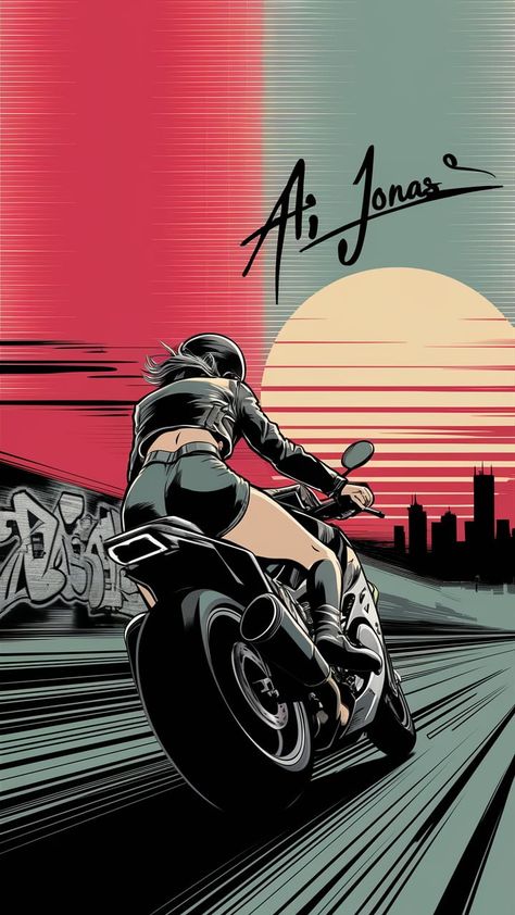 Ideogram Motorcycle Speeding, Graphic Novel Style, Dramatic Sunset, Toned Physique, Short Leather Jacket, Posca Art, Motion Blur, Art Gallery Wallpaper, Setting Sun