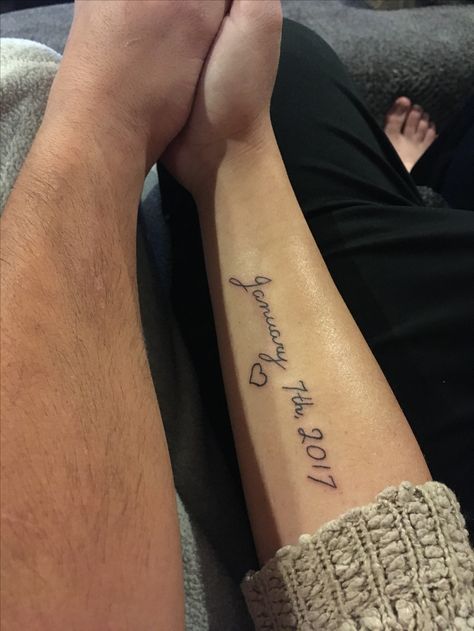 Wedding date tattoo on forearm. Tattoo Ideas Ring Finger, Wedding Date Tattoo Ideas, First Tattoo Ideas For Guys, Wedding Date Tattoo, Wedding Date Tattoos, Date Tattoo Ideas, Good First Tattoos, Marriage Date, Tattoo Ideas For Guys