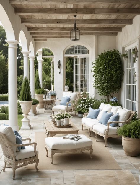 Looking for fresh patio decor ideas? Here are 4 chic design themes to help you create an outdoor oasis at home. Terrace Porch Ideas, French Farmhouse Patio, Old Money Patio, Rattan Patio Furniture Ideas, French Country Home Decor Ideas, Long Patio Ideas, Outdoor Lanai Ideas, French Patio Ideas, European Backyard Ideas