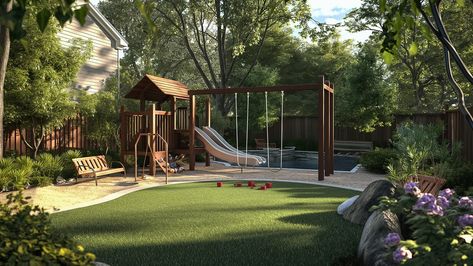 Playground And Trampoline Backyard, Underground Trampoline, Bar In Basement, Backyard Playground Ideas, Backyard Court, Backyard Play Spaces, Playground Backyard, Adult Playground, Creative Backyard