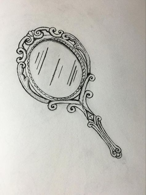 Vintage Mirror Drawing, Drawing On Mirror Ideas, Hand Mirror Tattoo, Mirror Drawing Ideas, Tattoo Line Drawing, Vintage Mirror Tattoo, Mirror Drawing, Mirror Tattoo, Line Drawing Images