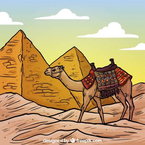 Camel Illustration, Ancient Egypt Hieroglyphics, Camels Illustration, Camels Art, Egypt Flag, Cross Stitch Landscape, Egyptian Pyramids, Egyptian Hieroglyphics, Desert Art