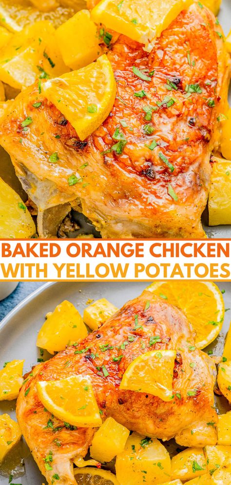 Baked Orange Chicken and Potatoes - Averie Cooks Baked Orange Chicken Recipe, Baked Chicken Quarters, Baked Orange Chicken, Healthy Orange Chicken, Easy Orange Chicken, Chicken Quarters, Orange Baking, Averie Cooks, Chicken And Potatoes