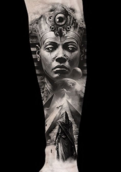 Ancient Egyptian Tattoo, Arm Tattoos Cross, Pharoah Tattoo, Egyptian Sleeve, Egyptian Tattoo Designs, Pharaoh Tattoo, Cleopatra Tattoo, Egypt Tattoo Design, Tattoo Placement Arm