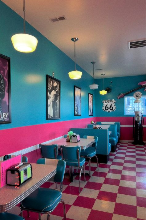 Retro diner | vintage | Old Diner, Aesthetic Photography, Diner, Pink Blue, Conference Room, Conference Room Table, Film, Travel, Photography