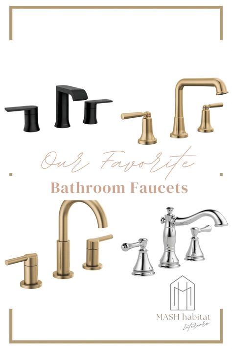 Shop Our Favorite Bathroom Faucets  Transform your bathroom with our curated selection of favorite faucets. From sleek modern designs to timeless classics, our collection features high-quality fixtures that blend style and functionality. Whether you're looking for a chic single-handle faucet or a sophisticated double-handle model, we have the perfect options to suit your taste and needs. Explore our top picks and find the perfect faucet to elevate your bathroom decor. Transitional Plumbing Fixtures, Coastal Bathroom Faucets, Master Bath Faucets, Bathroom Fixtures And Finishes Ideas, Bathroom Faucet Ideas, Mixed Metal Bathroom, Mixing Metals In Bathroom, Mcgee Bathroom, Brushed Brass Bathroom