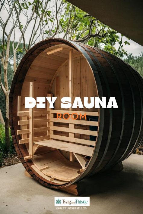 Experience the benefits of a home sauna with our DIY outdoor sauna project. Detailed instructions at twigandthistle.com. #BackyardSanctuary #DIYWellness #HomeSauna #OutdoorLiving #twigandthistle Sauna Diy Outdoor, Diy Outdoor Sauna, Sauna Project, Diy Barrel, Sauna Ideas, Diy Sauna, Diy Wellness, Home Sauna, Sauna Heaters