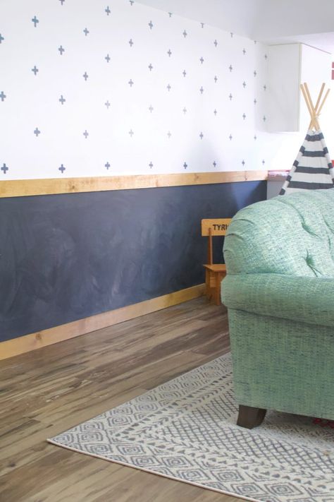 Making chalkboard wall is such a fun addition to any space, but none more so than a playroom! #chalkboardwall #playroom Chalkboard Wall Desk, Whiteboard Playroom, Chalkboard Wall Nursery, Chalk Accent Wall, Chalkboard Painted Wall, Half Chalkboard Wall, Playroom Diy Ideas, Chalk Board Walls Kids, Chalkboard Kids Room