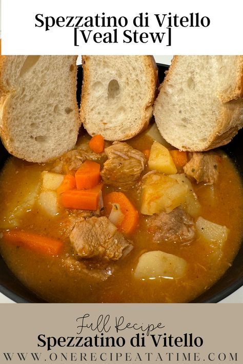 A traditional italian style meat stew served with tender veal chunks, potatoes and peas. Ground Veal, Stew With Potatoes, Potatoes And Peas, Veal Stew, Meat Stew, Yellow Potatoes, Stew Meat, Rigatoni, Crushed Tomatoes