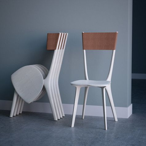 Most folding chairs look like, well, folding chairs. But Dublin-based Tierney Haines Architects has come up with this unobvious design: That's the Palfrey Chair and my first reaction, upon realizing that these are renderings and not photography, was to wonder: Would this design work? My eye was initially drawn to Unique Chairs Design, White Chairs, Chairs For Small Spaces, 광고 디자인, Unique Chair, Folding Furniture, Smart Furniture, Chaise Design, Space Saving Furniture