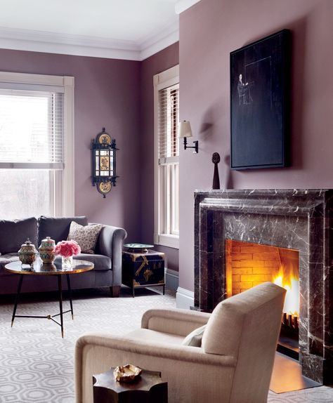 Feminine interior design & decor: pink, purple, fuchsia and mauve walls Jewel Tone Paint Colors, Jewel Tone Living Room, Feminine Interior Design, Mauve Walls, Boston House, Paint Color Inspiration, Interior House Colors, Purple Interior, Purple Rooms