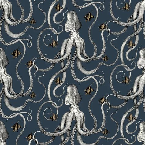 Octopoda - 01 | Kravet Underwater Scene, Octopus Design, Hand Painted Wallpaper, Hill Interiors, Wallpaper Direct, Whimsical Fashion, Kave Home, Painting Wallpaper, Print Wallpaper