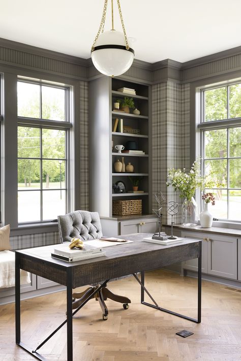 Bria Hammel Interiors | Modern Tudor | SD Custom Homes Masculine Office Space with plaid wallpaper Grey Painted Cabinets, Bria Hammel Interiors, Bria Hammel, Modern Tudor, Traditional Home Office, Office Wallpaper, Tudor Style Homes, Tudor Style, A Desk