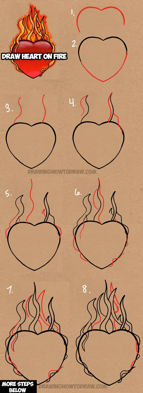 Learn How to Draw a Heart on Fire with Flames with Easy Steps Drawing Lesson Draw Hearts, Steps Drawing, Fire Sketch, Draw A Heart, Perfect Drawing, Heart On Fire, Cupcake Drawing, Fire Drawing, How To Draw Steps