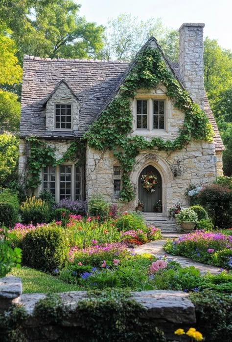 English House Plans Cottages, French Cottage Architecture, English Storybook Cottage, Spring Cottage Exterior, House Plans English Cottage, Stone Cottage Homes Floor Plans, Cute Country Cottage, Stone Cottage Garden, English Cottages Exterior