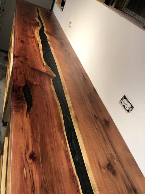 Epoxy river cedar countertop Epoxy River Countertop, Diy Epoxy Live Edge Countertop, Epoxy And Wood Countertop, Wood And Epoxy Countertops, Epoxy Countertop Wood, Epoxy Wood Countertop, Cedar Countertop, Epoxy Counters, Bus Build