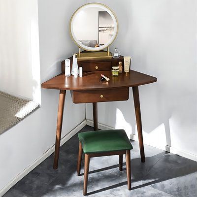 Brezza Vanity in Brown by Everly Quinn Diy Vanity Corner, Mirror Design In Bedroom, Tiny Dressing Table, Corner Storage Bedroom, Small Vanity With Storage, Make Up Vanity Room, Vanity Ideas Small Bedroom, Corner Vanity Ideas Bedroom, Room Decor For Small Rooms