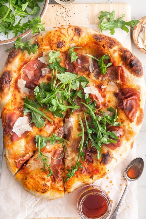 Artisan Pizza Dough, Prosciutto Pizza Recipes, Best Pizza Crust, Prosciutto Arugula Pizza, Pizza With Arugula, The Best Pizza Dough, Mozzarella Prosciutto, Honey Pizza, Parmesan Pizza