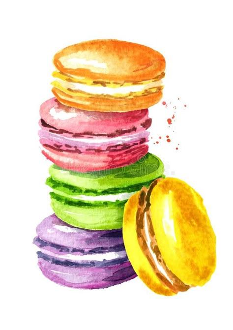 Pie Macarons, Sweet Egg, Cookie Drawing, Cookie Coffee, Colorful Macarons, Watercolor Food Illustration, Bakery Business Cards, French Cake, Cake Drawing