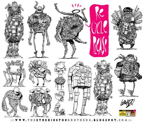 12 Junk and Trash Monster Robot Design Concepts by STUDIOBLINKTWICE Trash Monster, Dnd Comics, Inktober Inspiration, Fashion Design Concept, Etherington Brothers, Monster Sketch, Robot Monster, Celtic Gods, Dream Food