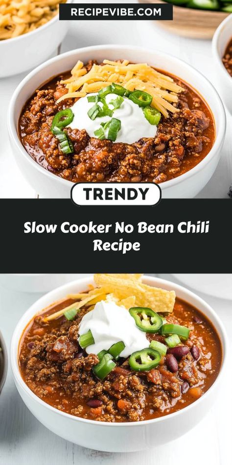 Chili Night Made Easy! Whip up this Slow Cooker No Bean Chili Recipe for a delicious, one-pot meal! With juicy ground beef and a medley of spices, it’s a simple yet satisfying dish. Set it, forget it, and come home to a warm, flavorful dinner that everyone will devour! Easy Beanless Chili Recipe Crockpot, Crockpot Beanless Chili Recipe, Chili Recipe No Kidney Beans, Beef Chili Without Beans, No Bean Crockpot Chili, Slow Cooker Chili No Beans, Slow Cooker No Bean Chili, Chili Ground Beef Recipes, Chili No Beans Recipe Crockpot