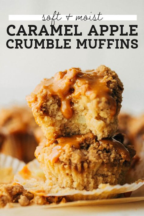 These soft and tender cinnamon apple muffins are baked with a crunchy streusel topping and drizzled in a layer of homemade caramel sauce. They're tart, sweet, rich, and so perfect for fall! #applemuffins #muffins #caramelapple #bobsredmill #butternutbakery | butternutbakeryblog.com Caramel Muffins, Caramel Apple Muffins, Apple Crumble Muffins, Apple Streusel Muffins, Muffins With Streusel Topping, Caramel Apple Crumble, Fall Muffins, Butternut Bakery, Crumble Muffins