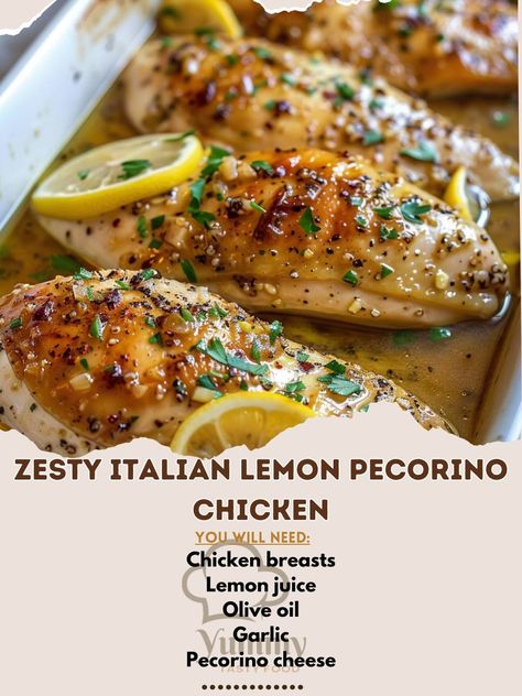 🍋🍗 Experience the Zesty Italian Lemon Pecorino Chicken tonight! 🍋🍗 #ItalianFlavors #DeliciousDinners Zesty Italian Lemon Pecorino Chicken Ingredients: Chicken breasts (4) Lemon juice (1/4 cup) Olive oil (2 tbsp) Garlic (3 cloves, minced) Pecorino cheese (1/2 cup, grated) Fresh thyme (2 tbsp, chopped) Salt (1 tsp) Pepper (1/2 tsp) Instructions: Preheat oven to 400°F (200°C). In a bowl, mix lemon juice, olive oil, garlic, thyme, salt, and pepper. Place chicken in a baking dish and pour the ... Zesty Italian Lemon Pecorino Chicken Giada, Zesty Lemon Pecorino Crispy Chicken, Lemon Pecorino Chicken, Zesty Italian Lemon Pecorino Chicken, Baked Italian Chicken, Italian Chicken Breast, Chicken Scallopini, Dream Restaurant, Italian Baked Chicken