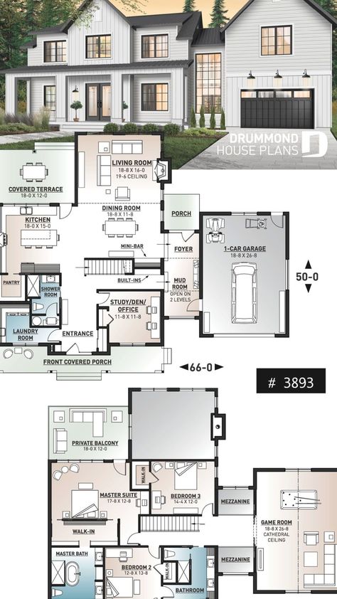 4 bedroom modern farmhouse plan, 3 baths, garage, spectacular living room with fireplace and 20' ceiling 4 Bedroom Modern Farmhouse, Interior Design Country, Case Minecraft, White Modern Farmhouse, Room With Fireplace, Casas The Sims 4, Sims House Plans, House Layout Plans, Sims House Design