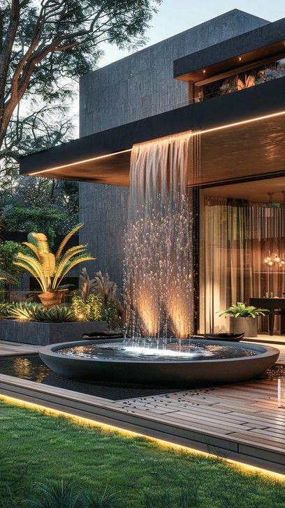 Front Entry Water Feature, Exterior Water Feature, Waterfall Landscape Design, Club House Ideas, Patio Fountain Ideas, Landscape Architecture Rendering, Modern Home Exteriors, Luxury Landscape Design, Waterscape Design