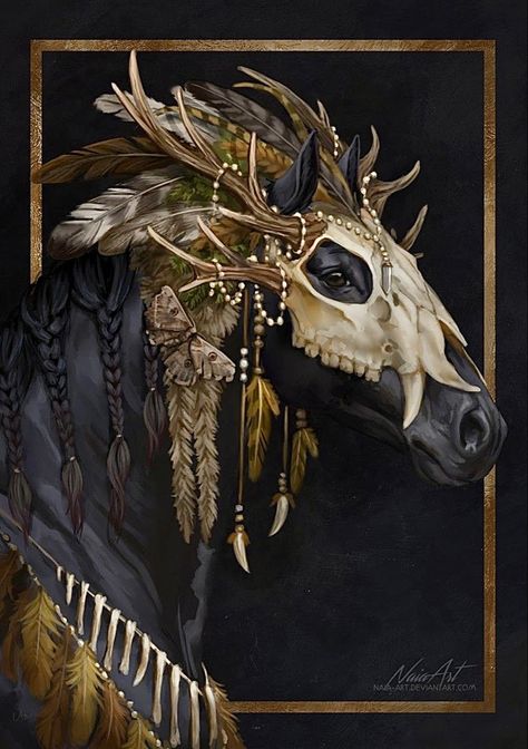 Painting of a black stallion costumed in a bone skull and feathers by Naia-Art | Deviantart. Horse Skull, American Traditional Tattoo Ideas, Traditional Tattoo Ideas, Magical Horses, Horse Costumes, Horse Armor, Fantasy Horses, Horse Artwork, Horse Tattoo