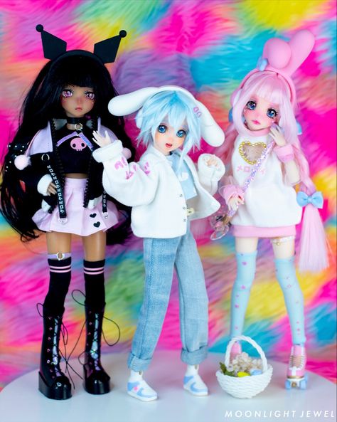 Kuromi, cinnamoroll and my melody Sanrio inspired dolls by moonlight jewel Sanrio Dolls, Cinnamoroll And My Melody, Y2k Egirl, Creepy Cute Fashion, Hello Kitty Makeup, Monster Dolls, Custom Toys, Ooak Art Doll, Dream Doll