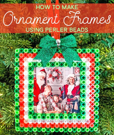 How to make Perler bead Christmas ornament frames! Melty Bead Ornaments, Christmas Ornament Perler Beads, Peeler Bead Christmas, Christmas Perler Beads Ornaments, Perler Bead Christmas Ornaments, Perler Ornaments, Christmas Perler Bead Patterns, Perler Bead Christmas, Diy Photo Ornaments