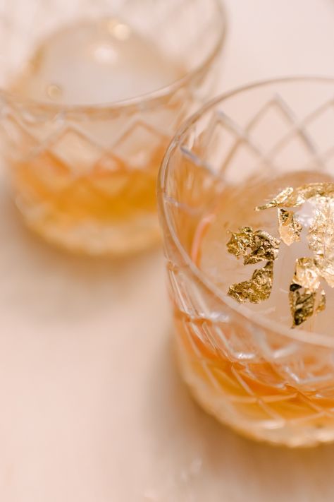 The Gold Fashioned | A Cocktail to Start the New Year Off Right | Wedding Cocktail | BaM Co-Create | Signature Drink | Edible Gold Leaf Gold Leaf Food, Golden Bday, Bar Tender, Royal Romance, Gold Drinks, Edible Gold Leaf, Tea Lounge, Diy Cocktails, Healthy Cocktails