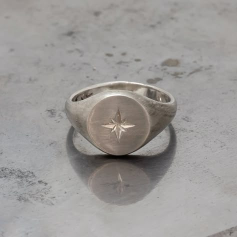 Sterling Silver 10mm Round Signet ring with 8-point star hand-engraved. Star Ring Men, Silver Signet Ring Mens, Edc Aesthetic, Mens Silver Signet Ring, Mens Signet Ring, Custom Signet Ring, Mens Rings Fashion, Silver Ring Designs, Mens Rings