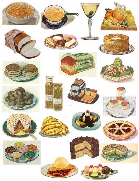 printable collage sheet of vintage food items Vintage Food Stickers, Food Illusion, Kitchen Illustration, Food Watercolor, Retro Food, Printable Collage Sheet, Vintage Food, Paper Toy, Illustration Food